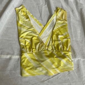 Urban Outfitters Bright Yellow/White Swirl Plunge Neck Tie Back Cropped …